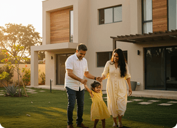 Family walking on lawn in front of a modern home