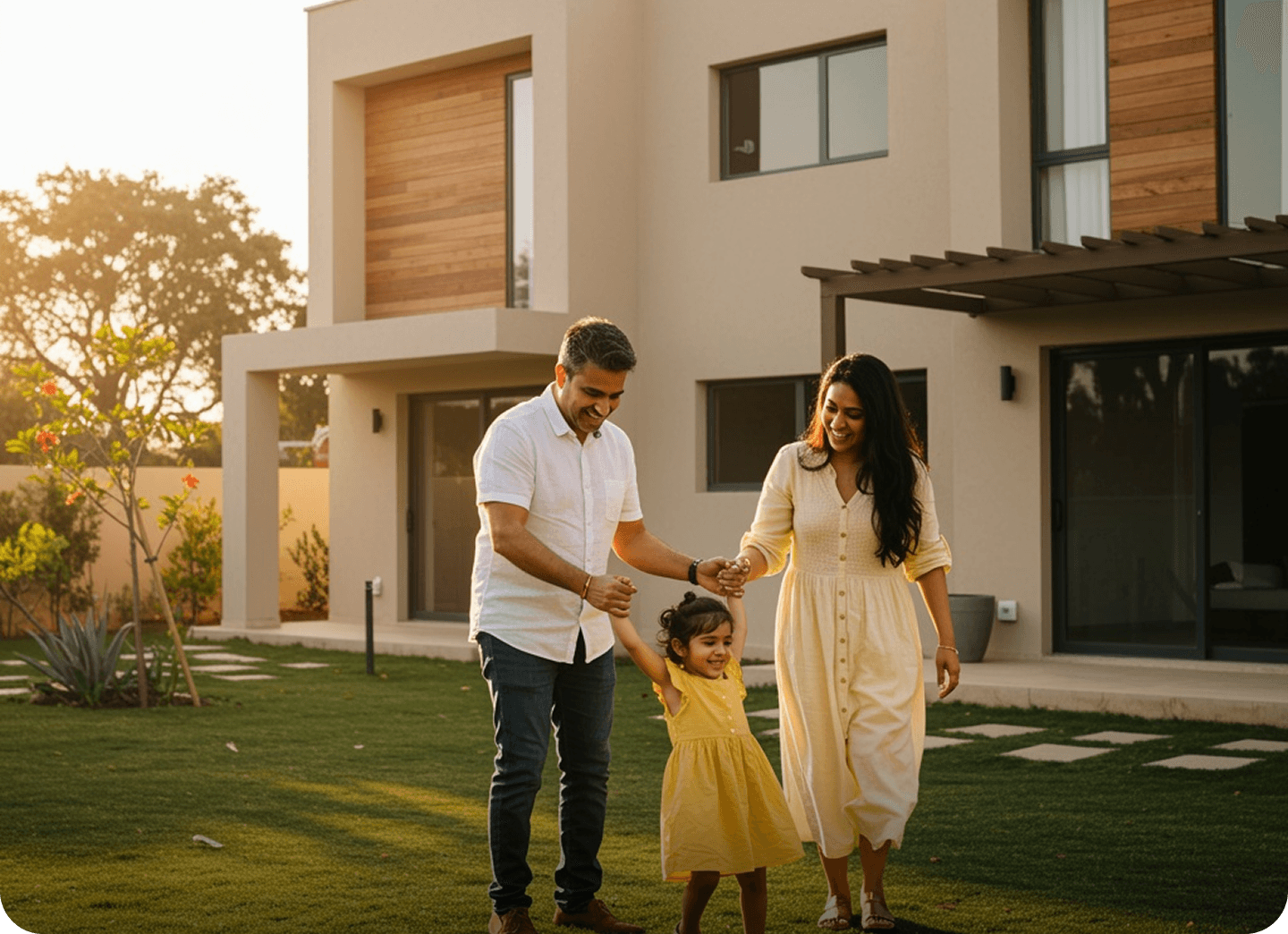 Family walking on lawn in front of a modern home